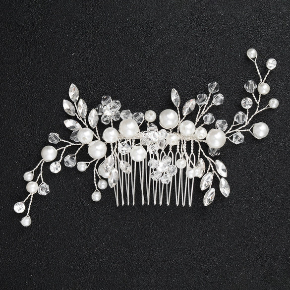 Bridal Pearl Hair Comb With Marquise Rhinestones Handmade Crystal Flower Leaf Headdress For Women
