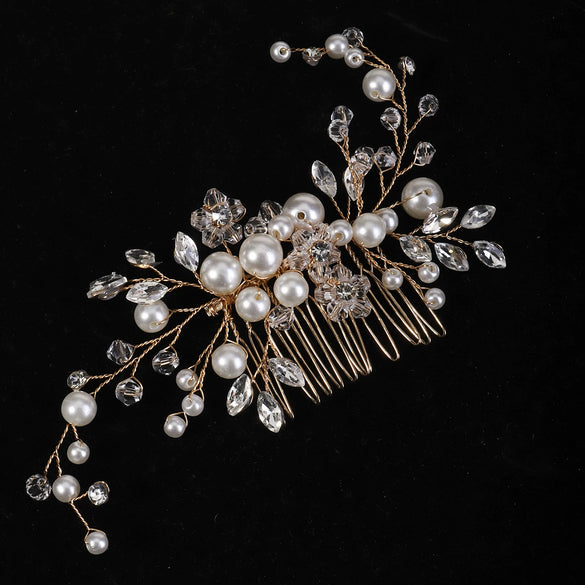 Bridal Pearl Hair Comb With Marquise Rhinestones Handmade Crystal Flower Leaf Headdress For Women