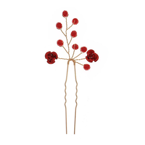 Bridal Red Crystal Flower Hair Fork Handmade Electroplated Metal Hairpin For Wedding And Evening Dress Accessories