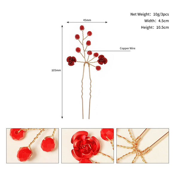 Bridal Red Crystal Flower Hair Fork Handmade Electroplated Metal Hairpin For Wedding And Evening Dress Accessories