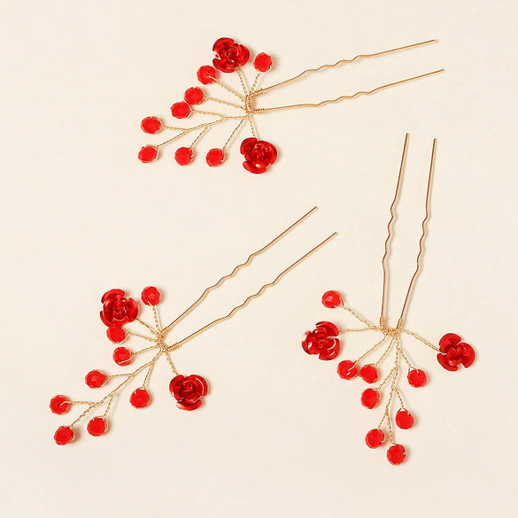 Bridal Red Crystal Flower Hair Fork Handmade Electroplated Metal Hairpin For Wedding And Evening Dress Accessories