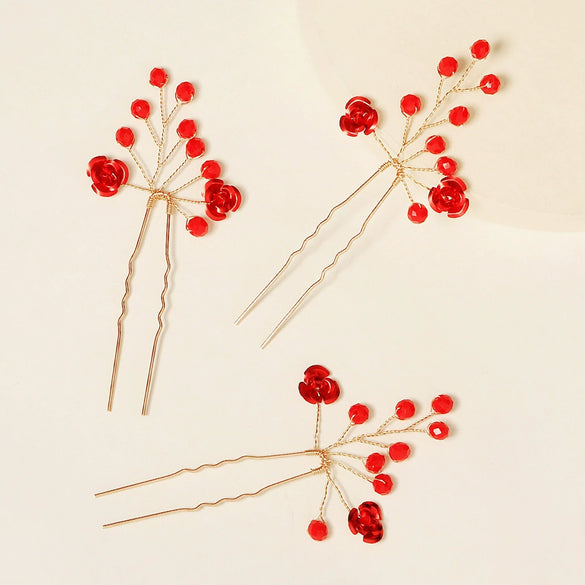 Bridal Red Crystal Flower Hair Fork Handmade Electroplated Metal Hairpin For Wedding And Evening Dress Accessories