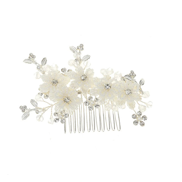 Bridal Wedding Hair Accessories White Flowers Beaded Hair Comb