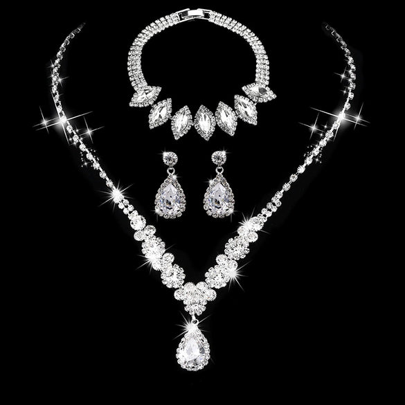 Bride Wedding Jewelry Set Threepiece Set Brilliant Rhinestone Zircon Tears Drop Necklace Earrings Bracelet