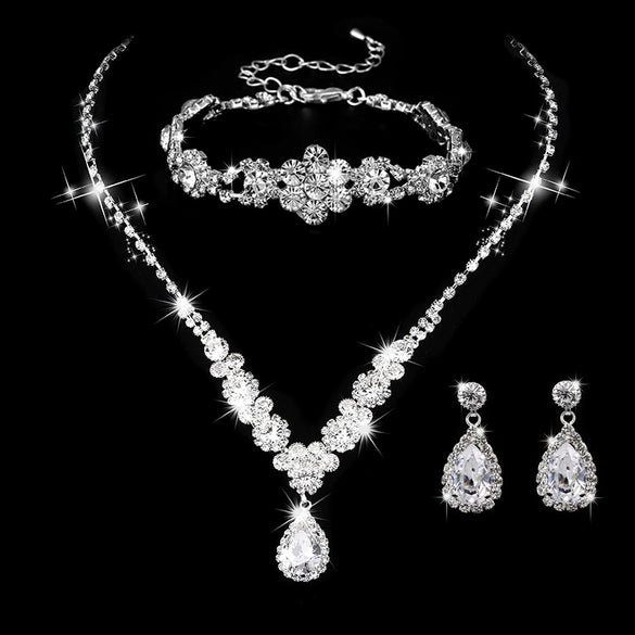 Bride Wedding Jewelry Set Threepiece Set Brilliant Rhinestone Zircon Tears Drop Necklace Earrings Bracelet