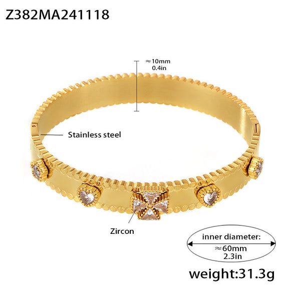 Buckle Gear Bracelet Stainless Steel Zircon Czech Glass Four Leaf Flower 18K Gold Plated Light Luxury Style
