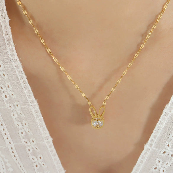 Bunny Inlaid Zircon Sparkle Pendant Necklace With Fish Mouth Chain Titanium Steel Gold Plated Electroplated Zodiac Jewelry Original Design
