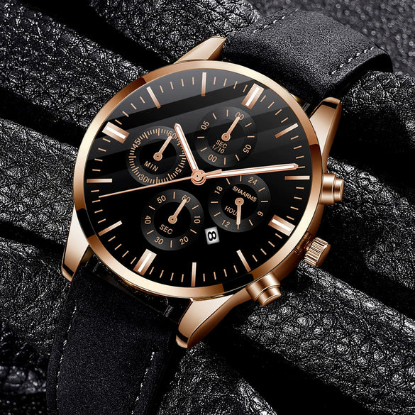 Business Casual Alloy And Stainless Steel Round Dial Quartz Belt Watch For Men