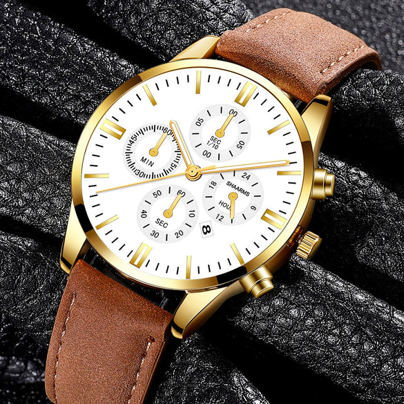 Business Casual Alloy And Stainless Steel Round Dial Quartz Belt Watch For Men