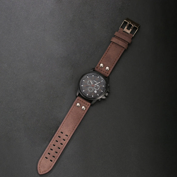 Business Casual Men's Alloy Imitation Leather Stainless Steel Buckle Round Dial Bracelet Set