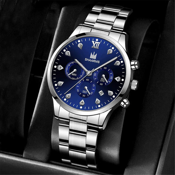 Business Fashion Men's Alloy And Stainless Steel Band Quartz Watch With Round Dial