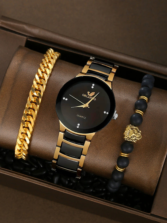 Business Gear Dial Quartz Men's Watch Alloy Case Stainless Steel Strap Round Dial Leisure Style