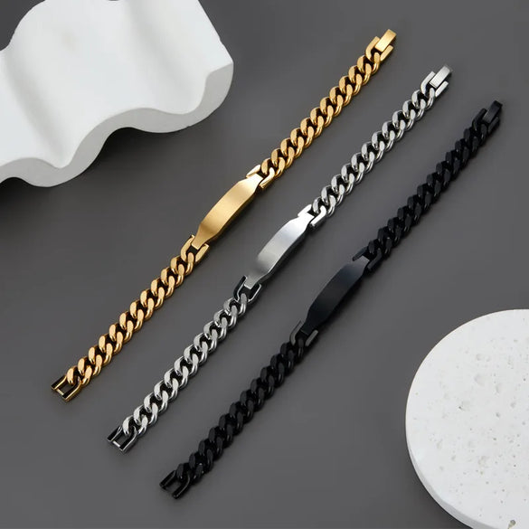Business Hip-Hop Customization Laser Engraving Solid Color 304 Stainless Steel Plating Men'S Bracelets Men Chain Bracelets