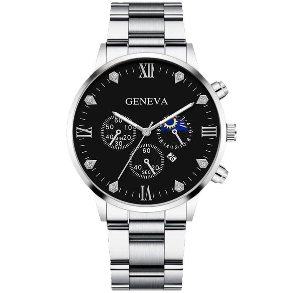Business Men's Alloy And Stainless Steel Band Watch With Round Dial And Horseshoe Buckle Jewelry Set