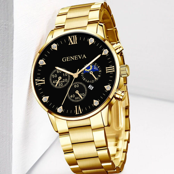 Business Men's Alloy And Stainless Steel Band Watch With Round Dial And Horseshoe Buckle Jewelry Set