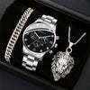 Business Men's Alloy And Stainless Steel Band Watch With Round Dial And Horseshoe Buckle Jewelry Set