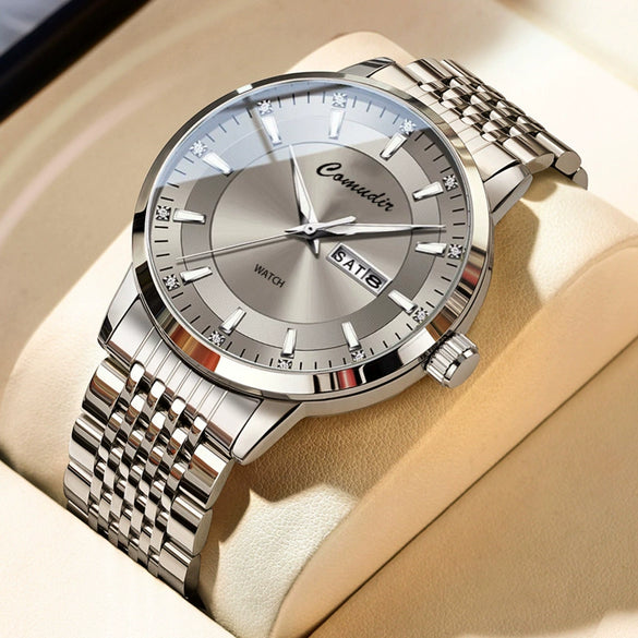 Business Men's Alloy And Stainless Steel Fully Automatic Mechanical Hollow Waterproof Luminous Dual Calendar Round Dial Watch