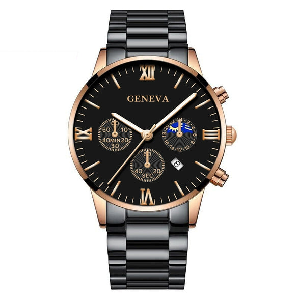 Business Men's Alloy Case Stainless Steel Band Round Dial Quartz Watch With Three Eye Calendar And Roman Scale