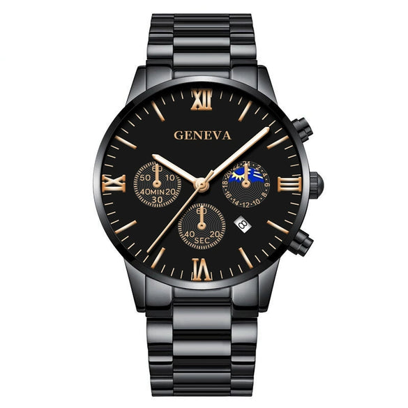 Business Men's Alloy Case Stainless Steel Band Round Dial Quartz Watch With Three Eye Calendar And Roman Scale