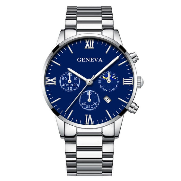 Business Men's Alloy Case Stainless Steel Band Round Dial Quartz Watch With Three Eye Calendar And Roman Scale