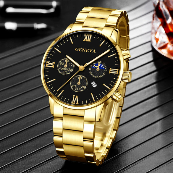 Business Men's Alloy Case Stainless Steel Band Round Dial Quartz Watch With Three Eye Calendar And Roman Scale