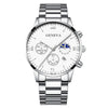 Business Men's Alloy Case Stainless Steel Band Round Dial Quartz Watch With Three Eye Calendar And Roman Scale