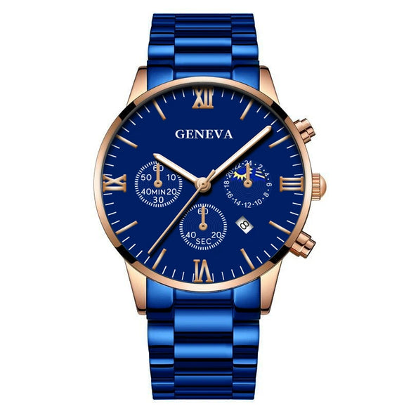 Business Men's Alloy Case Stainless Steel Band Round Dial Quartz Watch With Three Eye Calendar And Roman Scale