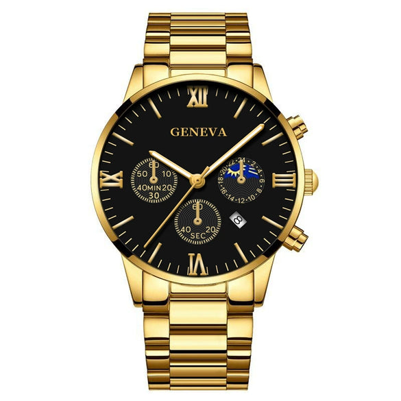 Business Men's Alloy Case Stainless Steel Band Round Dial Quartz Watch With Three Eye Calendar And Roman Scale