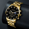 Business Men's Alloy Case Stainless Steel Band Round Dial Quartz Watch With Threeeye Calendar And Roman Scale