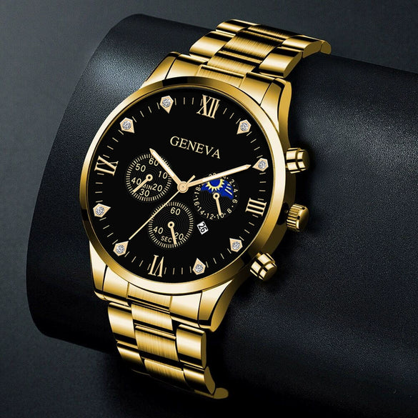 Business Men's Alloy Case Stainless Steel Band Round Dial Quartz Watch With Threeeye Calendar And Roman Scale