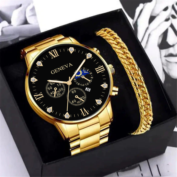 Business Men's Alloy Case Stainless Steel Band Round Dial Quartz Watch With Threeeye Calendar And Roman Scale