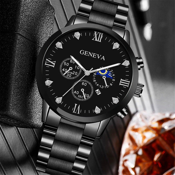 Business Men's Alloy Case Stainless Steel Band Round Dial Watch Jewelry Set