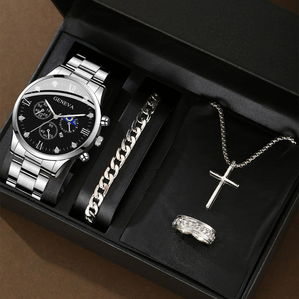 Business Men's Alloy Case Stainless Steel Band Round Dial Watch Jewelry Set