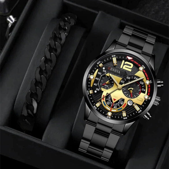 Business Men's Alloy Case Stainless Steel Band Round Dial Watch