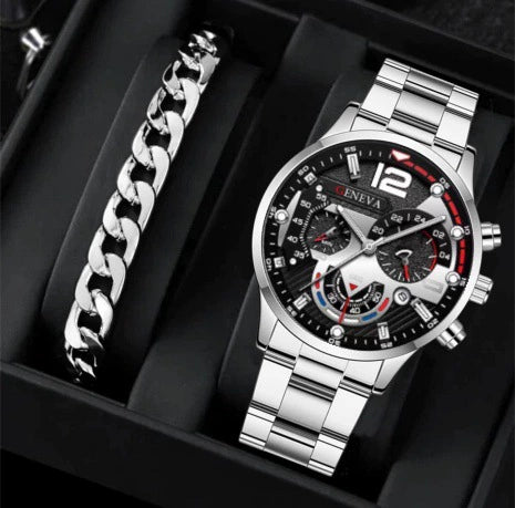 Business Men's Alloy Case Stainless Steel Band Round Dial Watch