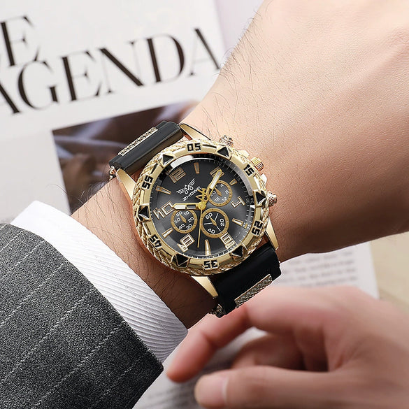 Business Men's Casual Quartz Watch With Fake Threeeye Dial Alloy Case And Strap Stainless Steel Buckle Round Dial