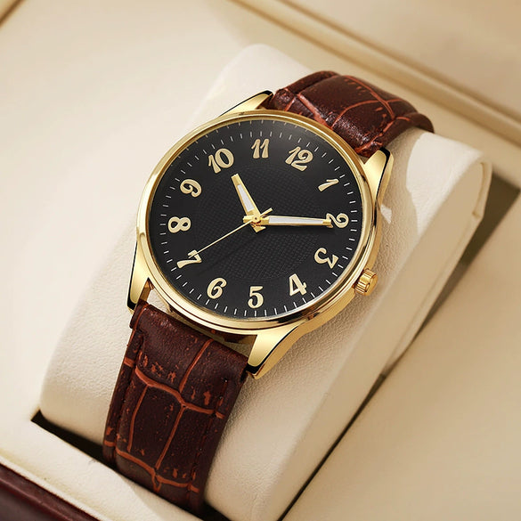 Business Style Alloy And Imitation Leather Quartz Watch With Round Dial And Stainless Steel Buckle