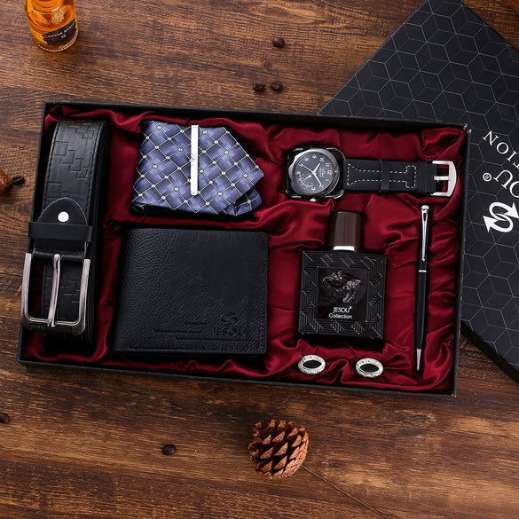 Business Style Alloy Case Stainless Steel Clasp Imitation Leather Strap Round Dial Male Gift Set With Belt Purse Tie Perfume Cufflinks Quartz Watch Pen