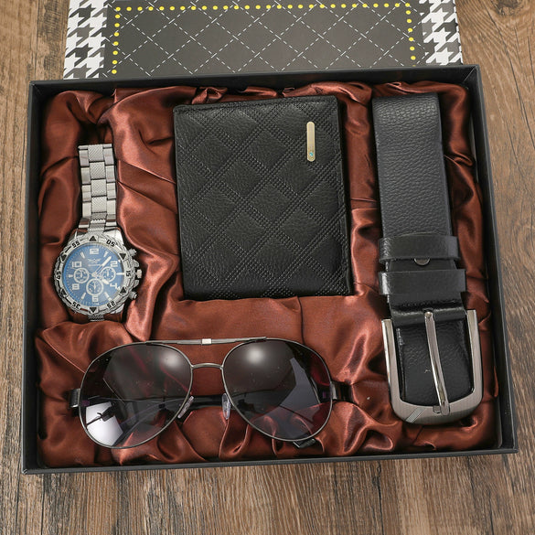 Business Style Alloy Case Stainless Steel Clasp Imitation Leather Strap Round Dial Male Gift Set With Belt Purse Tie Perfume Cufflinks Quartz Watch Pen