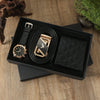 Business Style Alloy Case Stainless Steel Clasp Imitation Leather Strap Round Dial Male Gift Set With Belt Purse Tie Perfume Cufflinks Quartz Watch Pen