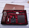 Business Style Alloy Case Stainless Steel Clasp Imitation Leather Strap Round Dial Male Gift Set With Belt Purse Tie Perfume Cufflinks Quartz Watch Pen
