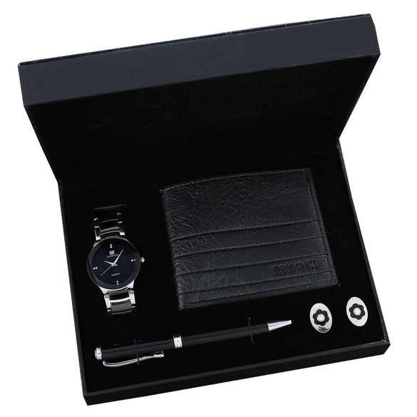 Business Style Alloy Case Stainless Steel Clasp Imitation Leather Strap Round Dial Male Gift Set With Belt Purse Tie Perfume Cufflinks Quartz Watch Pen