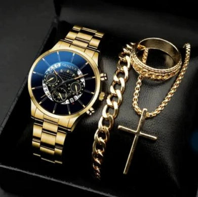 Business Style Men's Alloy Watch With Fake Three Eye Calendar Roman Scale And Round Dial