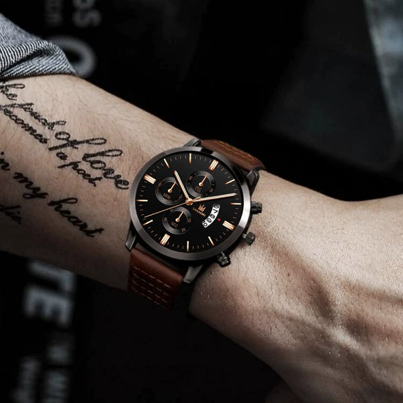 Business Style Men's Quartz Watch Alloy Case Imitation Leather Strap Round Dial