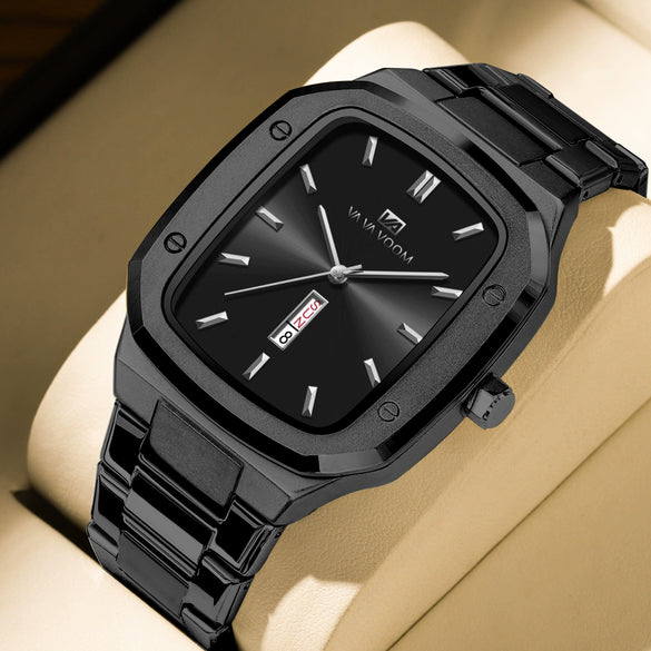 Business Style Rectangular Dial Stainless Steel Men's Watch With Double Calendar And Waterproof Feature
