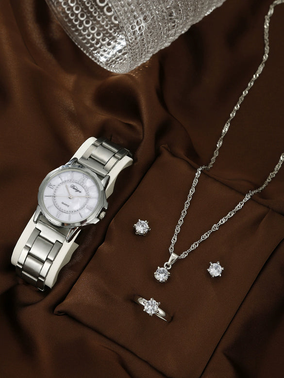 Business Style Round Dial Alloy Strap Quartz Watch For Female With Stainless Steel Clasp