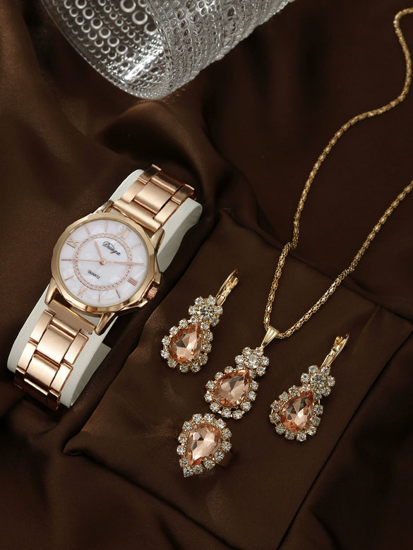 Business Style Round Dial Alloy Strap Quartz Watch For Female With Stainless Steel Clasp