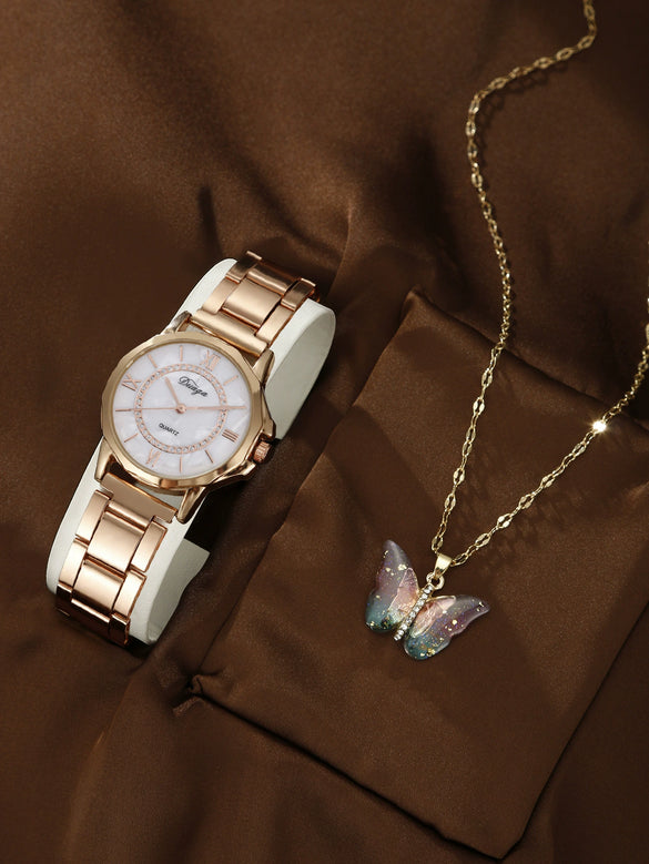 Business Style Round Dial Alloy Strap Quartz Watch For Female With Stainless Steel Clasp
