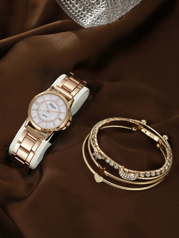 Business Style Round Dial Alloy Strap Quartz Watch For Female With Stainless Steel Clasp