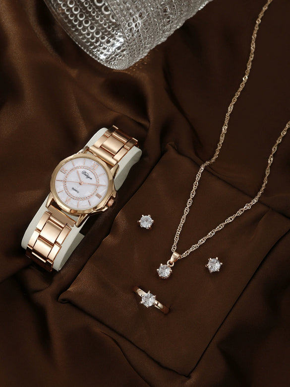 Business Style Round Dial Alloy Strap Quartz Watch For Female With Stainless Steel Clasp